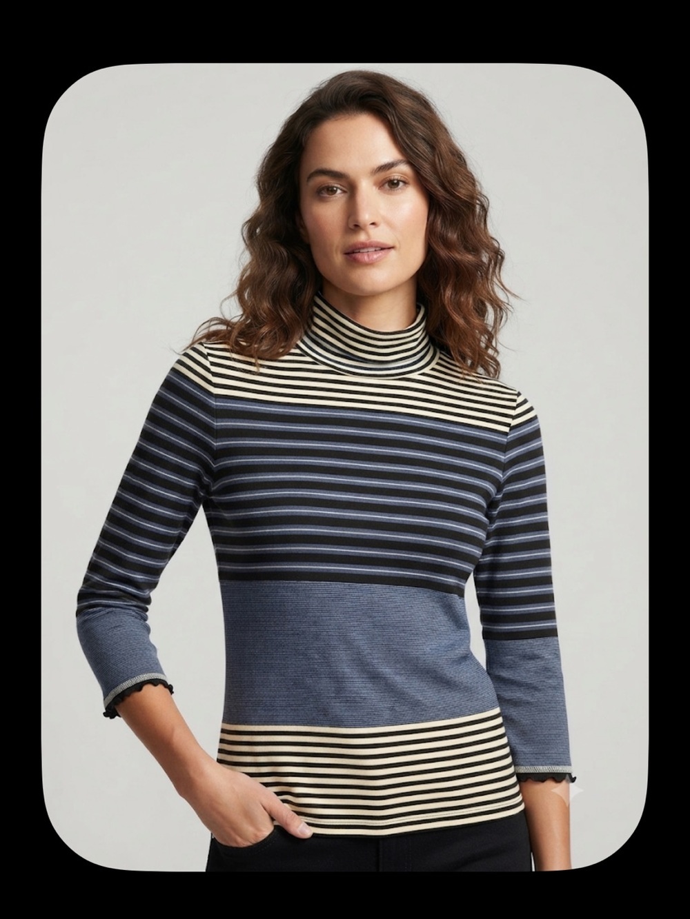 Three Dots Black Cream Blue Striped Mock Neck Sweater 3/4 Sleeve M
